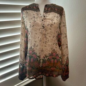 Lucky Brand Floral Print Women's Top - Cream and Green Size S